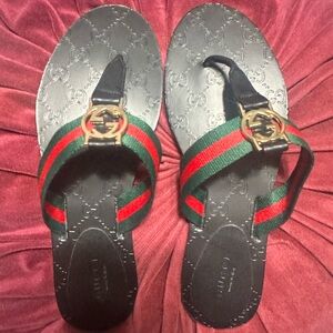 Gucci Black Flip-Flops with Red and Green Straps